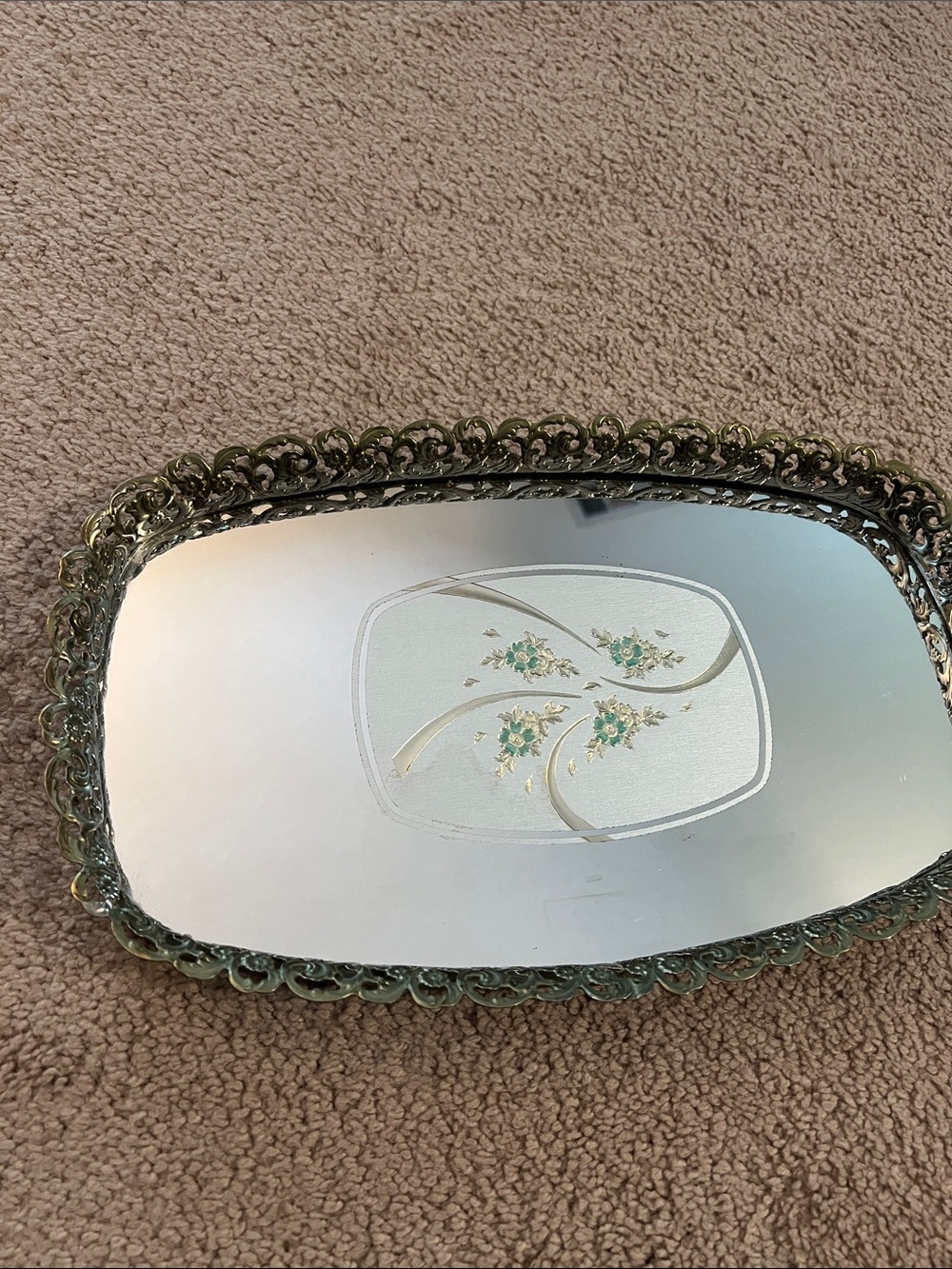 Vintage Decorative Silver-Tone Floral Vanity Tray - Green Floral